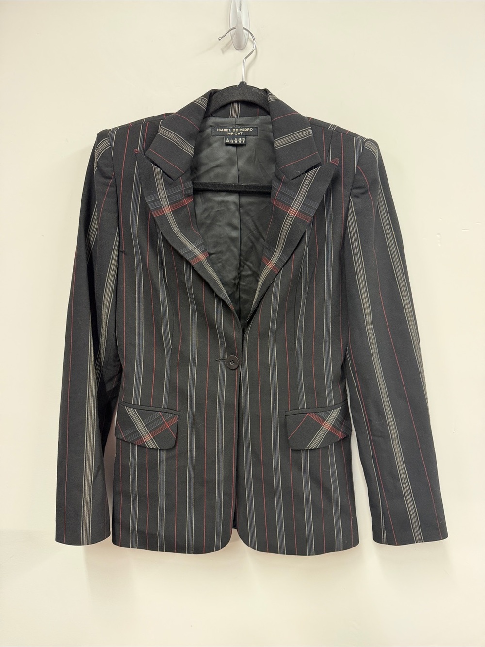 Isabel de Pedro Black Blazer with Red and Gray Pinstripes 6